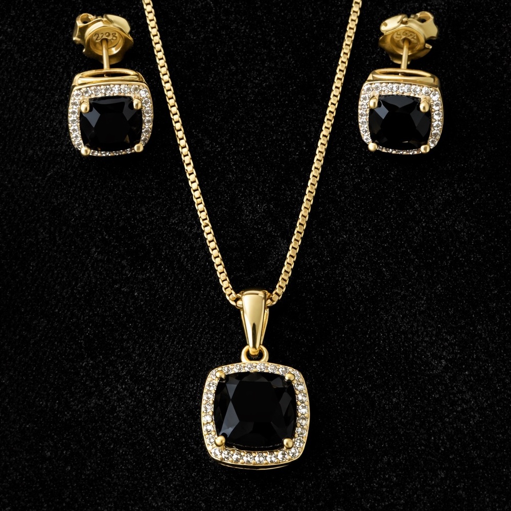 925 Sterling Silver Gold Plated Black Onyx Halo Jewelry - Necklace/Earrings